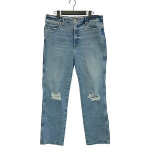 Good American Light Wash Distressed Straight Leg Jeans Women's Sz 10/30 Stretch